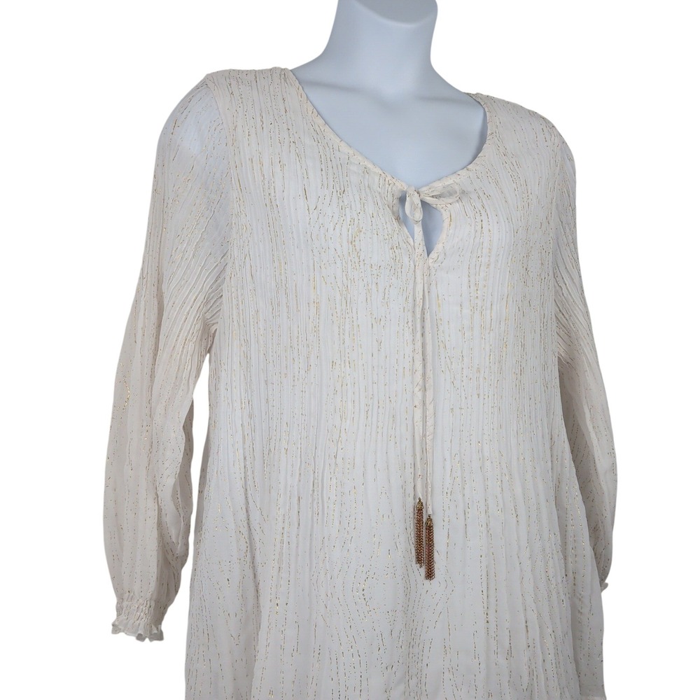 White Gold Metallic Stripe Tassel Peasant Blouse Crinkle Top Glam Officewear 2Z